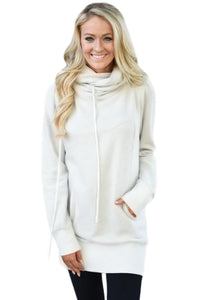 Sexy White Funnel Neck Long Sleeve Pocket Hoodie