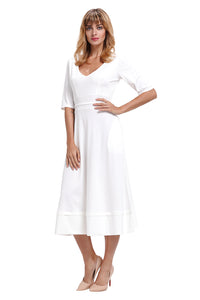 Sexy White Half Sleeve V Neck High Waist Flared Dress
