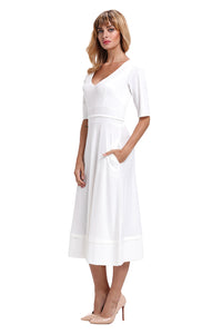 Sexy White Half Sleeve V Neck High Waist Flared Dress