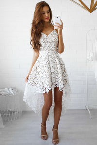 Sexy White Hollow Lace Nude Illusion Hi-low Party Dress
