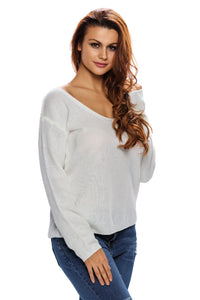 Sexy White Knitted Long Sleeve Plunge Jumper