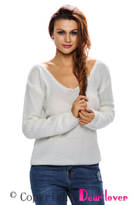 Sexy White Knitted Long Sleeve Plunge Jumper