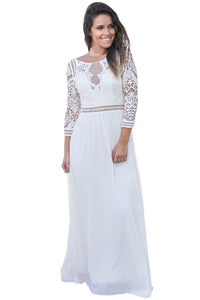Sexy White Lace Crochet Quarter Sleeve Maxi Dress