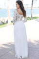 Sexy White Lace Crochet Quarter Sleeve Maxi Dress
