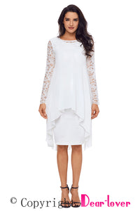 Sexy White Lace Long Sleeve Double Layer Midi Dress