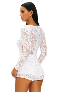 Sexy White Lace Long Sleeve Lace Up Front Playsuit