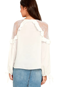 Sexy White Lace Long Sleeve Ruffle Shoulder Top
