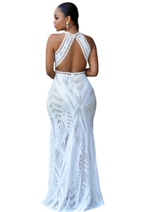 Sexy White Lace Nude Illusion Key-Hole Back Maxi Dress