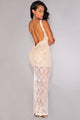 Sexy White Lace Nude Illusion Plunging Back Maxi Dress