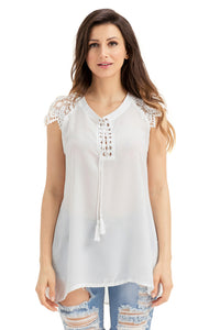 Sexy White Lace Sleeves Lace up Tunic Top