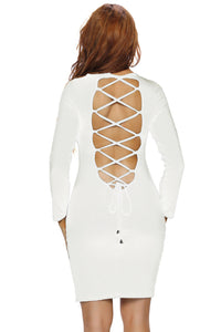 Sexy White Lace Up Back Long Sleeve Bodycon Mini Dress