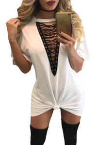 Sexy White Lace Up Half Sleeves Tee Dress
