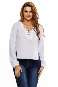 Sexy White Lace Up Side Split Plunge Blouse