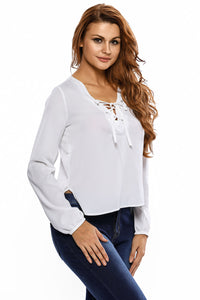 Sexy White Lace Up Side Split Plunge Blouse
