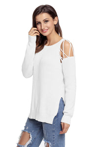 Sexy White Lace up Shoulder Sweater