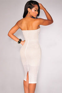 Sexy White Laser Cut Nude Illusion Strapless Dress