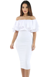 Sexy White Layered Ruffle Off Shoulder Midi Dress