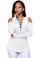 Sexy White Long Sleeve Cut-out Shoulder Ribbed Top