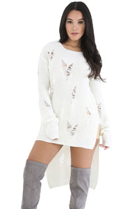 Sexy White Long Sleeve Hi-lo Distress Sweater Top