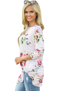 Sexy White Long Sleeve Knotted Floral Print Blouse