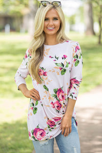 Sexy White Long Sleeve Knotted Floral Print Blouse