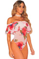 Sexy White Mesh Red Floral Off Shoulder Ruffle Bodysuit