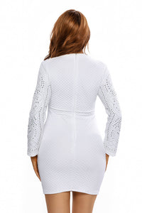 Sexy White Mini Jeweled Quilted Long Sleeves Dress