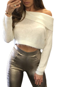 Sexy White Off Shoulder Faux Marten Knit Sweater
