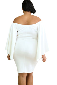 Sexy White Off Shoulder Fluttering Bell Sleeve Curvy Dress