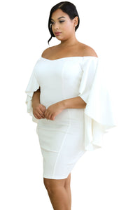 Sexy White Off Shoulder Fluttering Bell Sleeve Curvy Dress