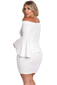 Sexy White Off The Shoulder Bell Sleeves Peplum Plus Dress