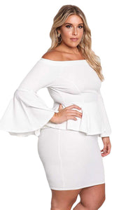 Sexy White Off The Shoulder Bell Sleeves Peplum Plus Dress