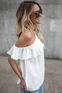 Sexy White One Sided Ruffle Top