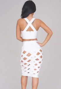 Sexy White Open Caged Bandage Skirt Set