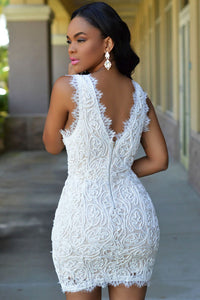 Sexy White Plunge V Neck Lace Crochet Mini Dress