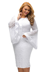 Sexy White Plus Size Bell Sleeves Lace Dress