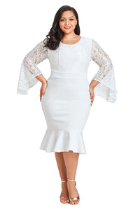 Sexy White Plus Size Lace Bell Sleeve Mermaid Bodycon Dress