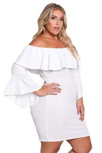 Sexy White Plus Size Off Shoulder Layered Ruffle Bodycon Dress