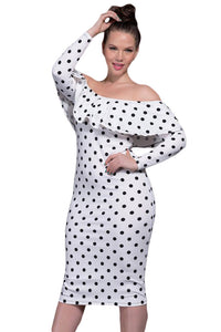 Sexy White Polka Dot Ruffle Off-shoulder Neckline Long Sleeves Dress
