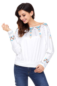 Sexy White Printed Batwing Sleeve Skew Neck Blouse