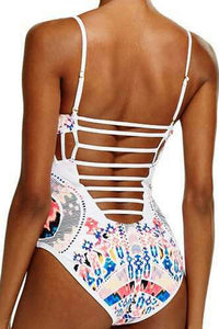 Sexy White Printed Strappy Cutout One Piece Swimsuit