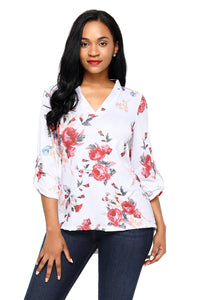 Sexy White Red Floral Print Slight V Neck Blouse