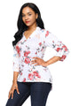 Sexy White Red Floral Print Slight V Neck Blouse