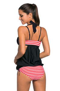 Sexy White Red Stripes Black Splice Tankini Swimsuit