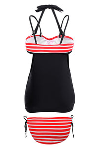 Sexy White Red Stripes Black Splice Tankini Swimsuit