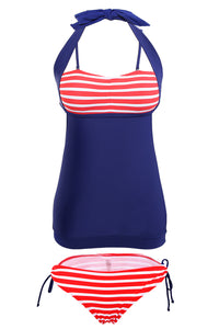 Sexy White Red Stripes Navy Splice Tankini Swimsuit