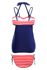 Sexy White Red Stripes Navy Splice Tankini Swimsuit