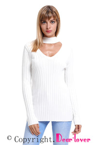 Sexy White Ribbed Choker Neck Sweater