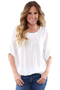 Sexy White Ruched Detail Pin up Sleeve Front Blouse