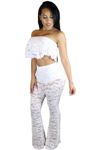 Sexy White Ruffle Lace Crop Top Wide Leg Pant Set